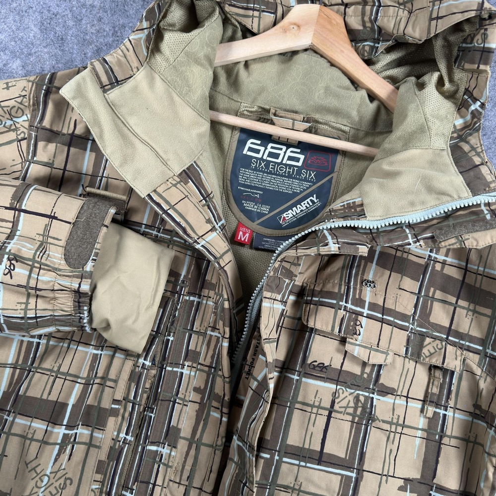 686 SMARTY Ski Jacket Mens Medium Beige Plaid Hooded Insulated Snowboard‎ Winter